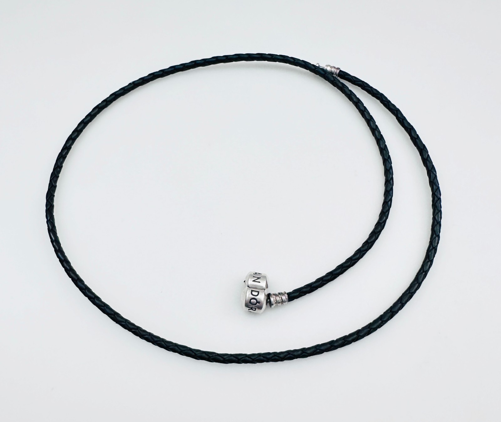 PANDORA 925 Sterling Silver Braided Leather Charm Necklace Black, 22″ (56cm)