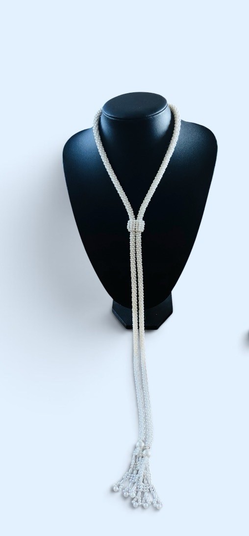 Faux Seed Pearl Lariat Necklace Woven Slider Tassel Flapper Boho VTG