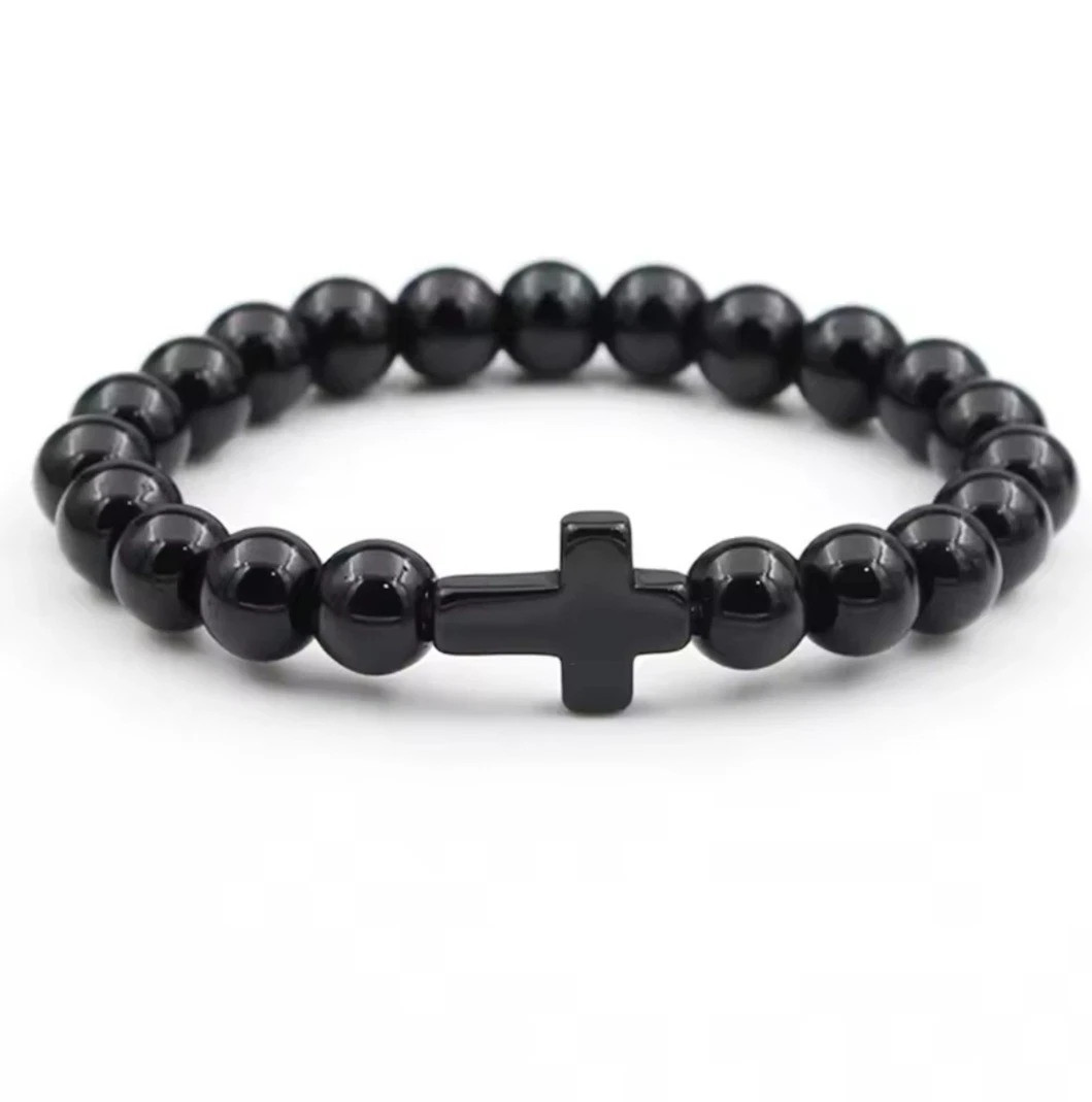 8mm Hematite Jesus Cross Bracelet Men Natural Africa Stone Beaded Bracelets UK