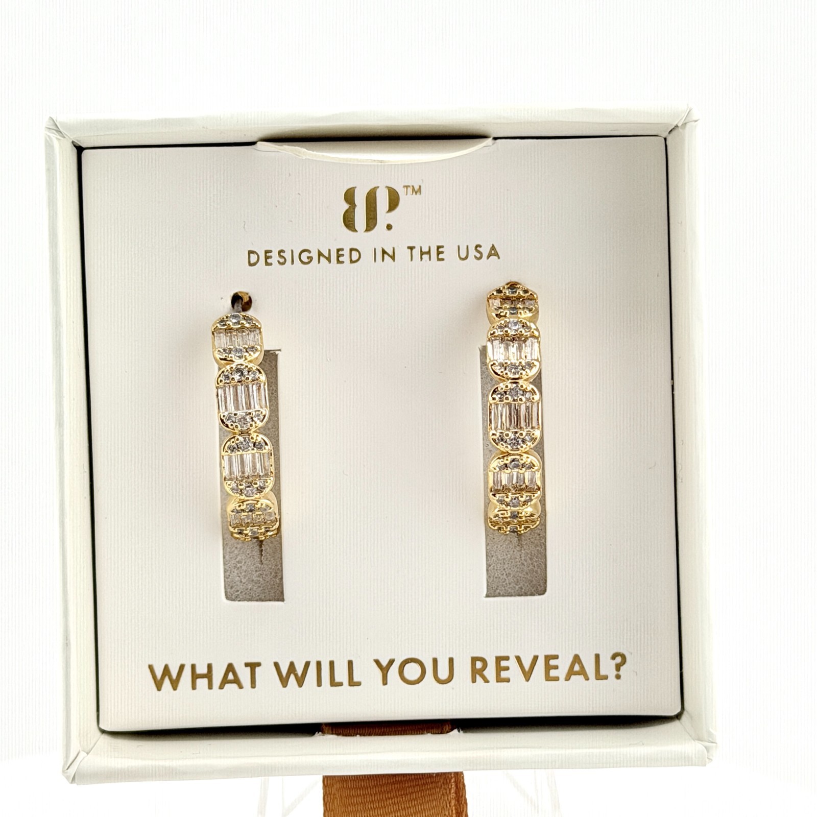Bomb Party Lumina Hoop Earrings “Channel Charm” Clear CZ on Yellow Gold ER49494