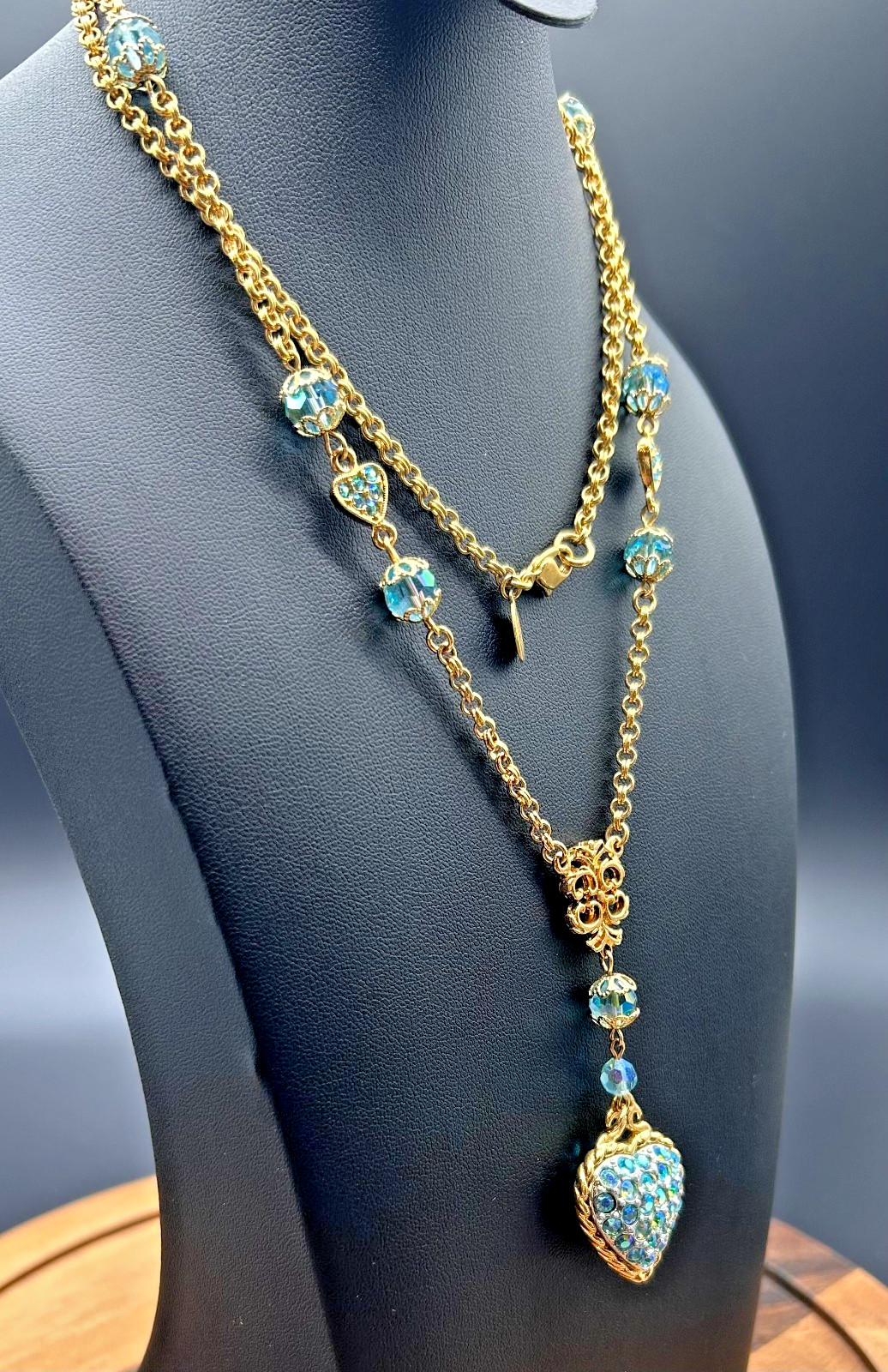 Vintage 1990s Kirks Folly Gold Tone Aurora Borealis Blue Crystal Heart Pendant