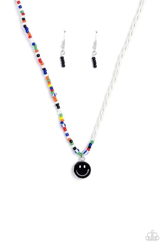 Multicolor Beaded Black Smiley Pendant Necklace & Earrings Set Nickel-Free