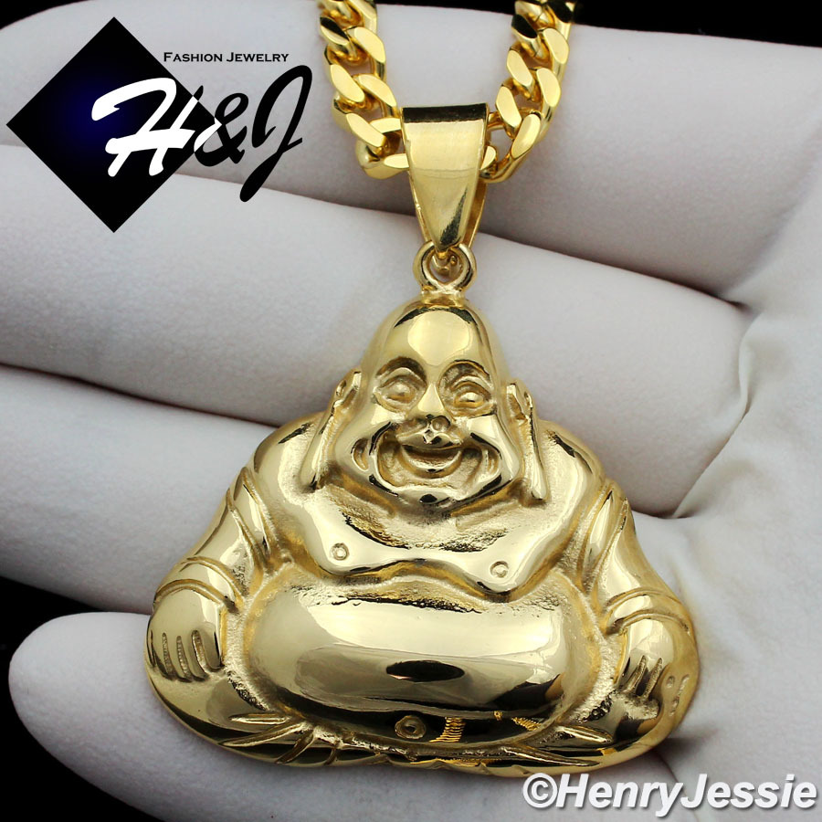 18″-36″MEN Stainless Steel 5mm Gold Plated Cuban Curb Chain Buddha Pendant*G96