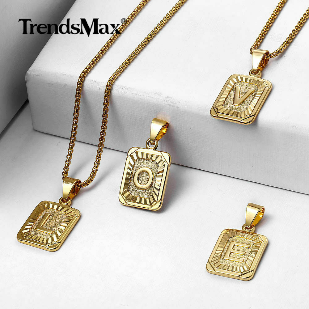 Couple Jewelry Gold Filled Initial Necklace Letter Pendant w/ Box / Curb Chain
