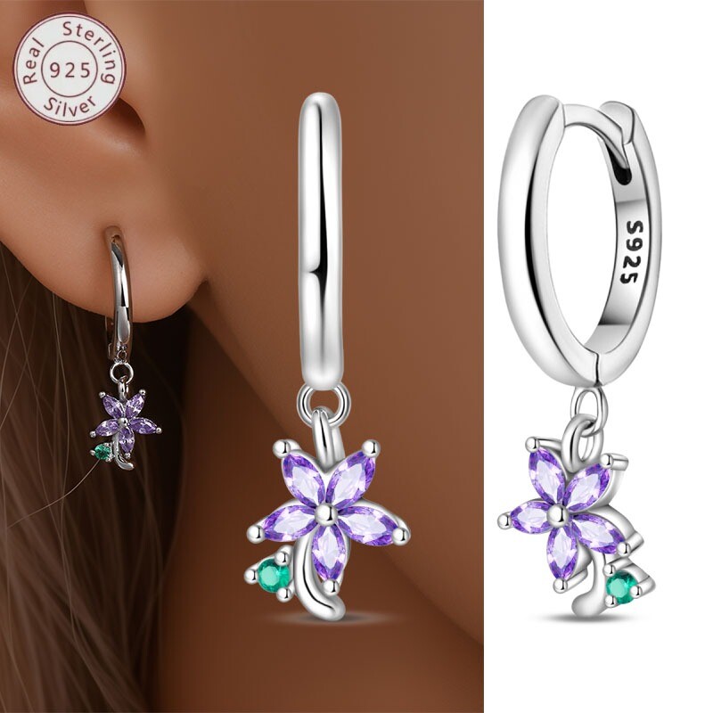 KUNSIR 925 Sterling Silver Flower Hoop Huggie Earrings For Women Jewelry Gifts