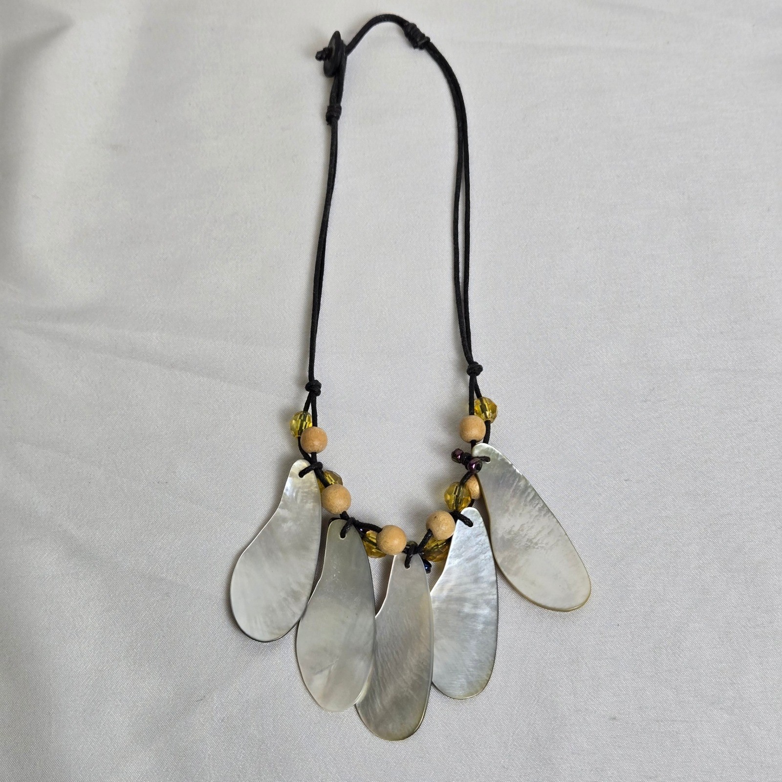 Bohemian Beachy Bib Necklace, Iridescent Pendants Beaded Cord