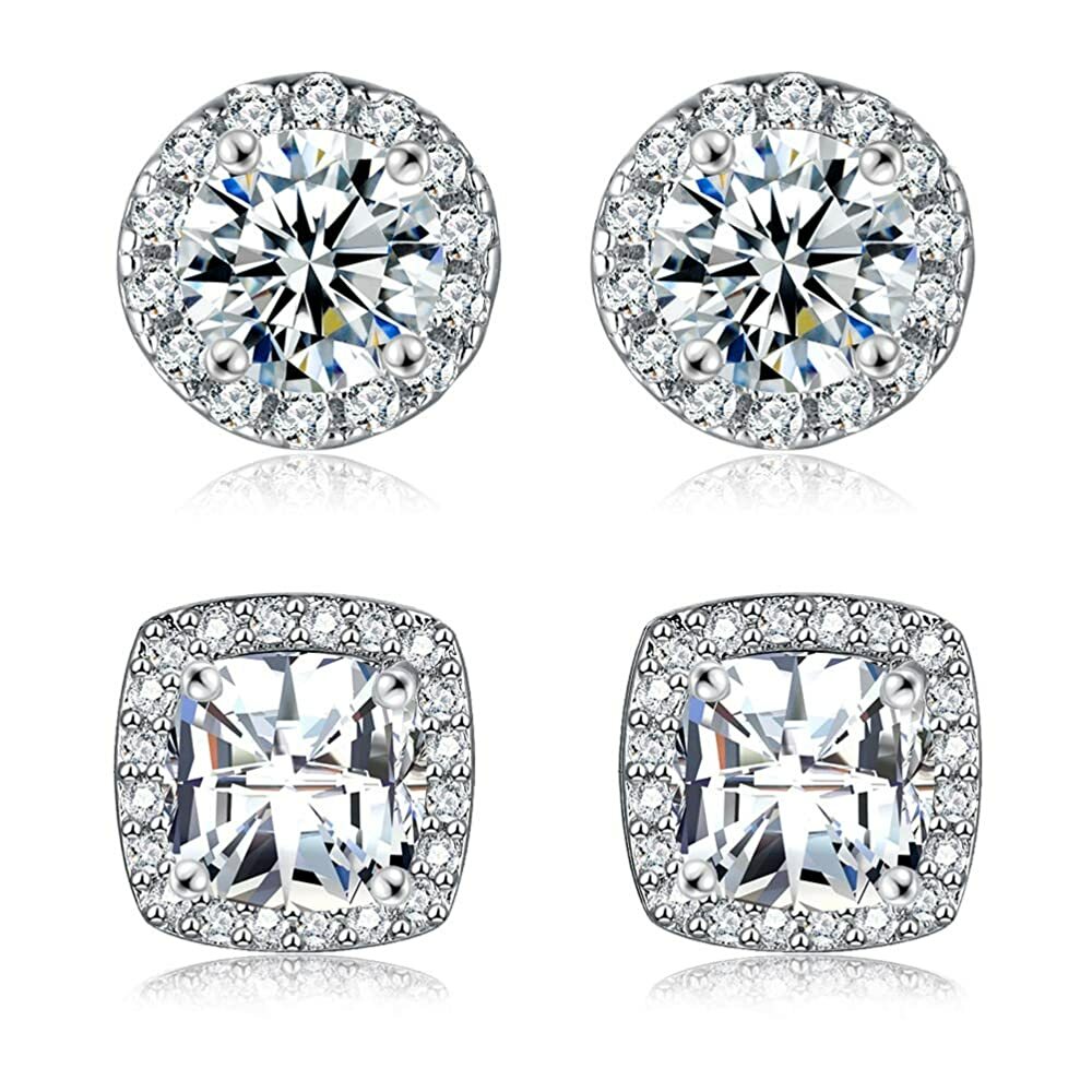 925 Sterling Silver Round Square Cubic Zirconia Halo Stud Earrings 2 Pair Set