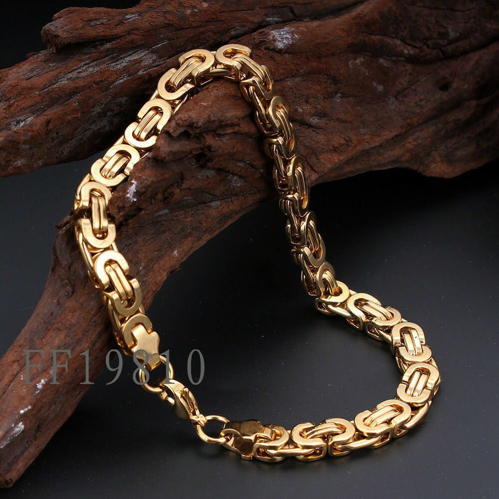 6MM 18K Gold Byzantine Flat Chain Necklace&Bracelet Stainless Steel Jewelry Set
