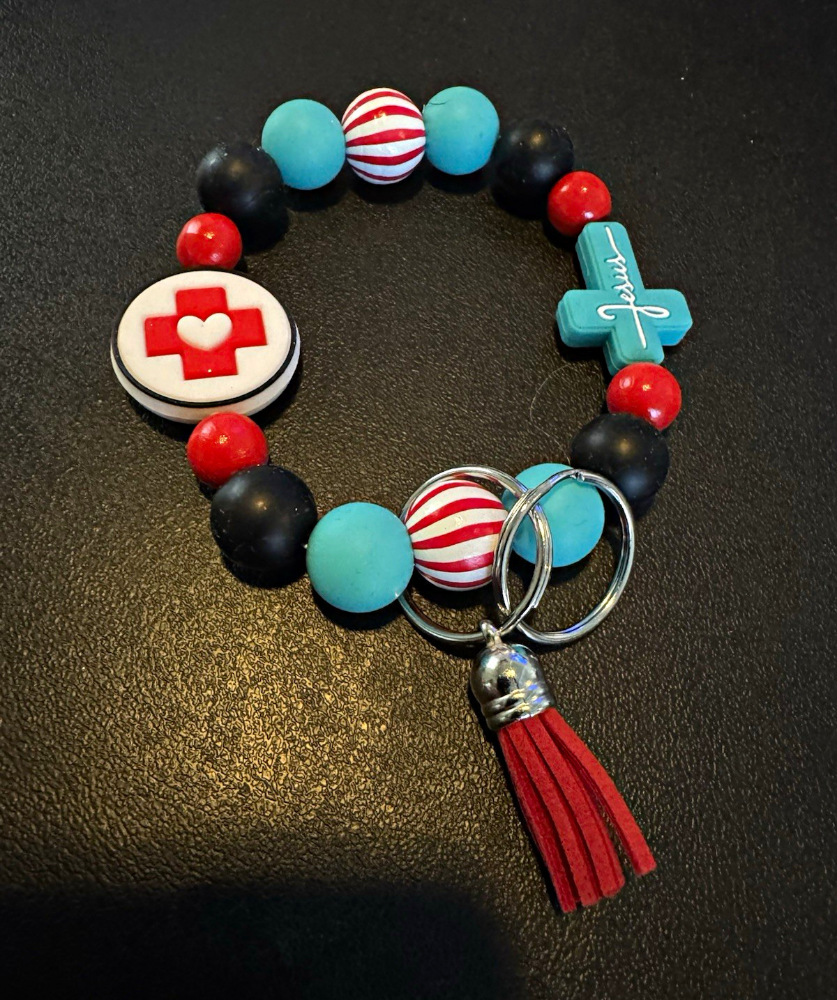 Handmade Keychain- Red Teal Black White Medical Worker Teal Cross w/ Red Tassel