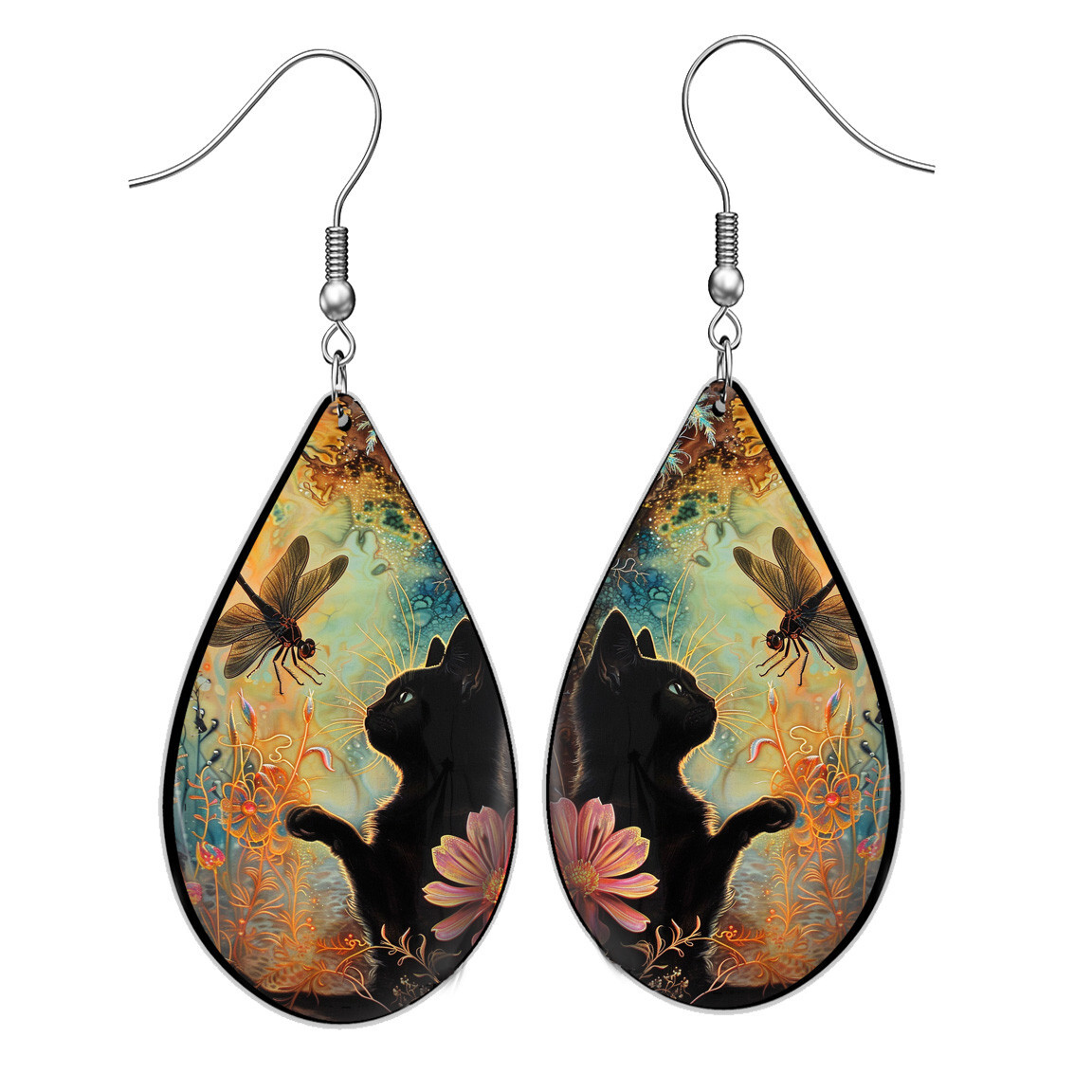 Black Cat & Dragonfly Teardrop Earrings Fantasy Floral Art Print Silver Wires