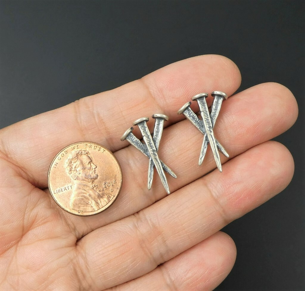 Antiqued Solid 925 Sterling Silver Triple Nails Post Stud Earrings Unique Gothic
