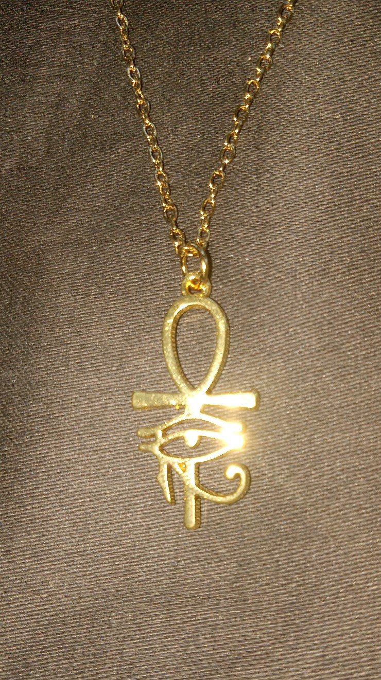 Golden ANKH Eye of Horus Pendant on Silver Plated Chain Necklace Egypt, Art Deco