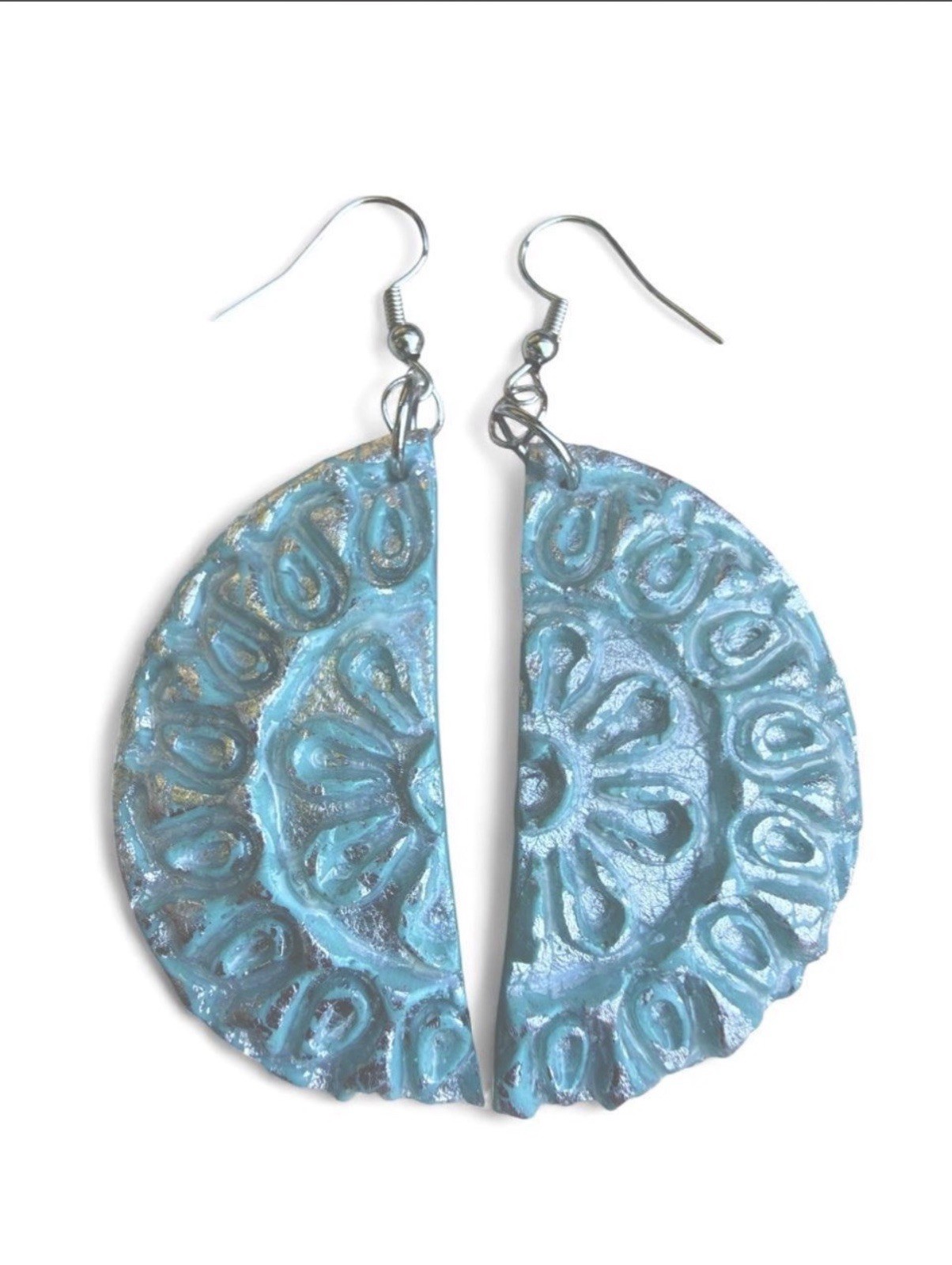 Handcrafted Blue/Silver Textured Semi-Circle Mandala Dangle Drop Hook Earrings
