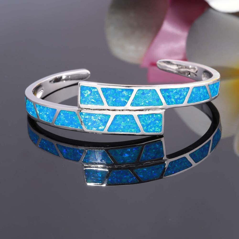 Blue Opal Double Layer Cuff Bangles 925 Sterling Sliver Jewelry For Women Girl
