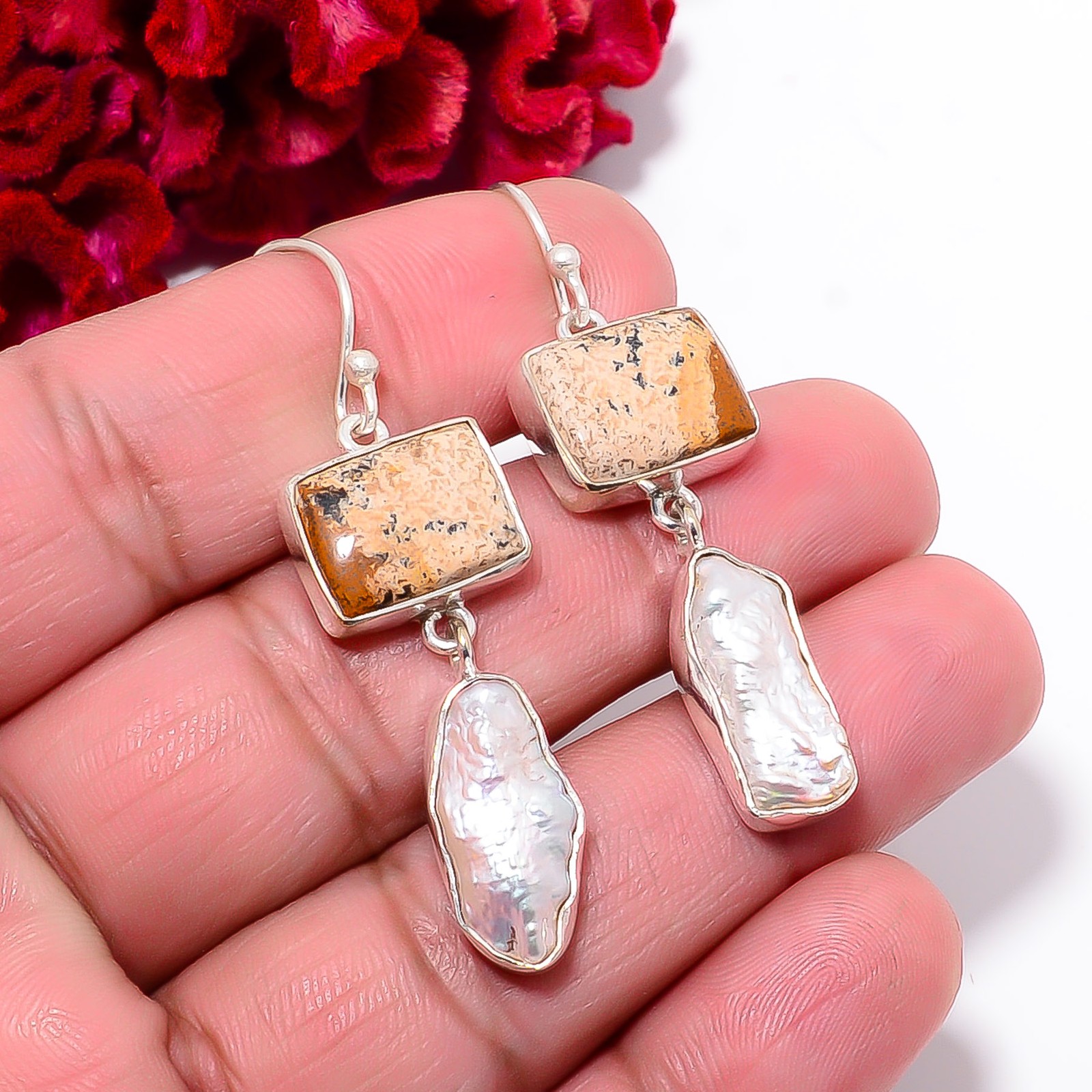 Picture Jasper & Biwa Pearl 925 Sterling Silver Danglers Earring 2.03″ E55