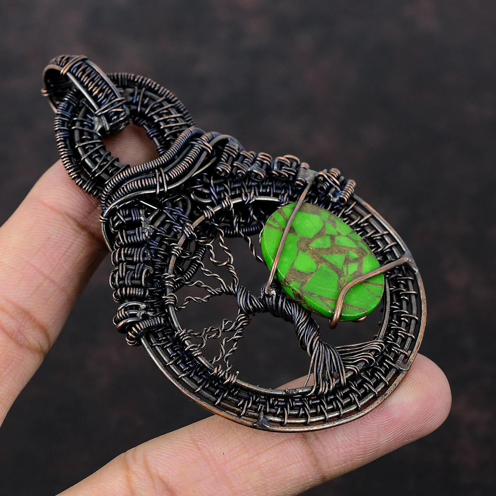 Natural Copper Green Turquoise Wire Wrapped tree Of Life Pendant Jewelry Copper