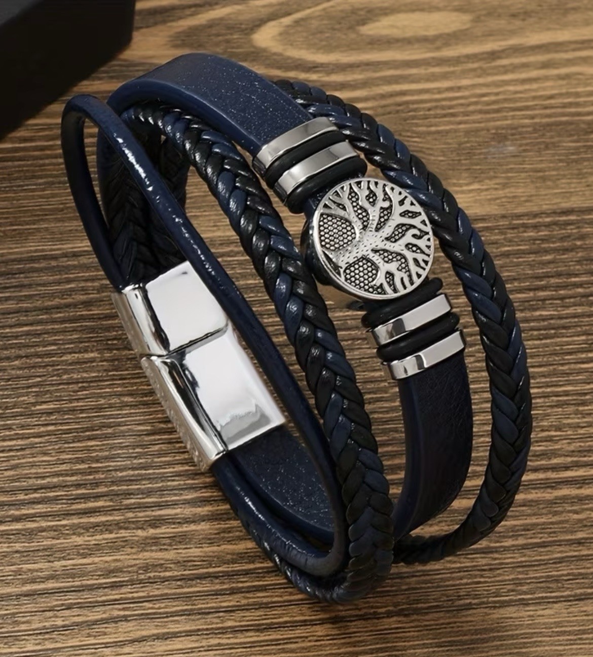 Men Multilayer Compass Braided Leather Stainless Steel Magnetic Bracelet Bangle