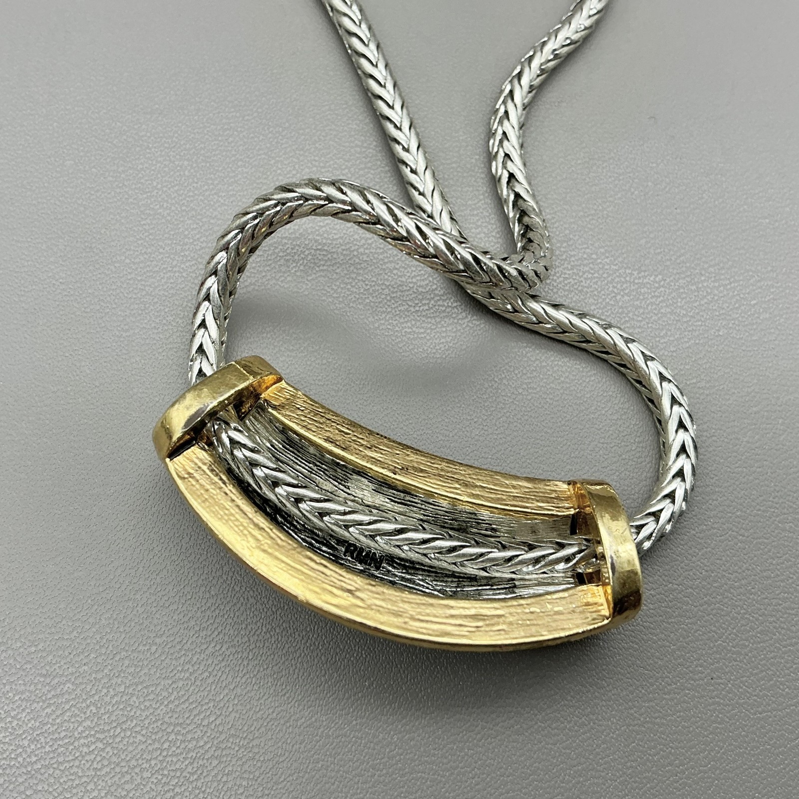 Roman Necklace Statement Silver Tone Gold Accents Curved Pendant Lobster Clasp