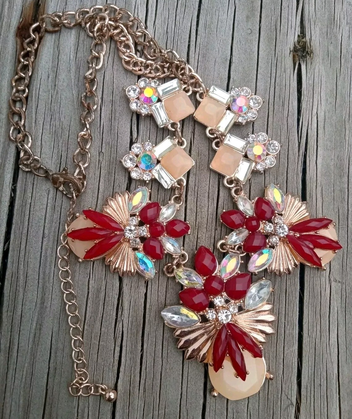 Vtg Rhinestone Bib Statement Necklace Red, Peach & Aurora Borealis