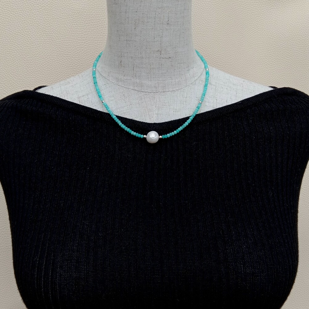 Natural Green Peruvian Amazonite White Pearl Necklace 17”