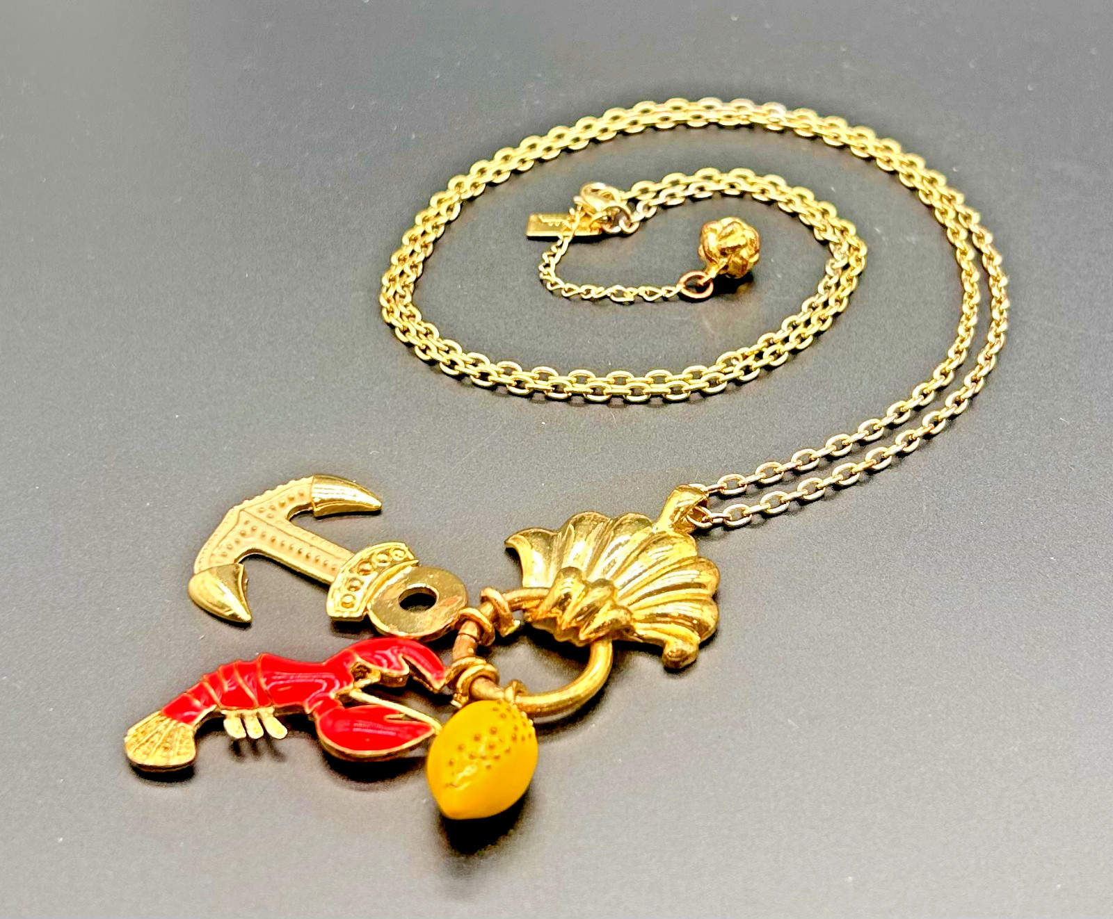 Lilly Pulitzer Nautical Charm Long Necklace Gold Tone Shell Lobster Anchor Lemon