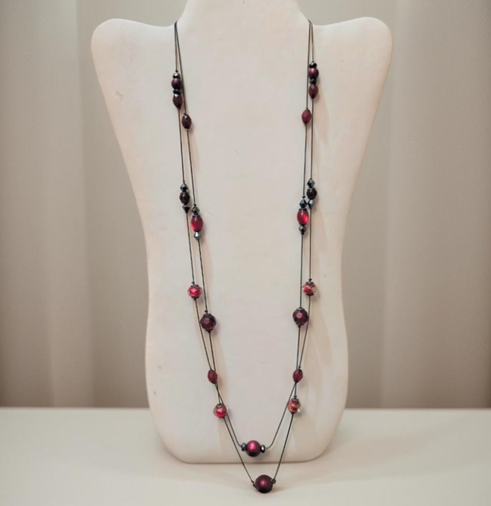 Double Strand Station Necklace Gunmetal-Tone w/ Red Glass & Plastic Beads 28 in