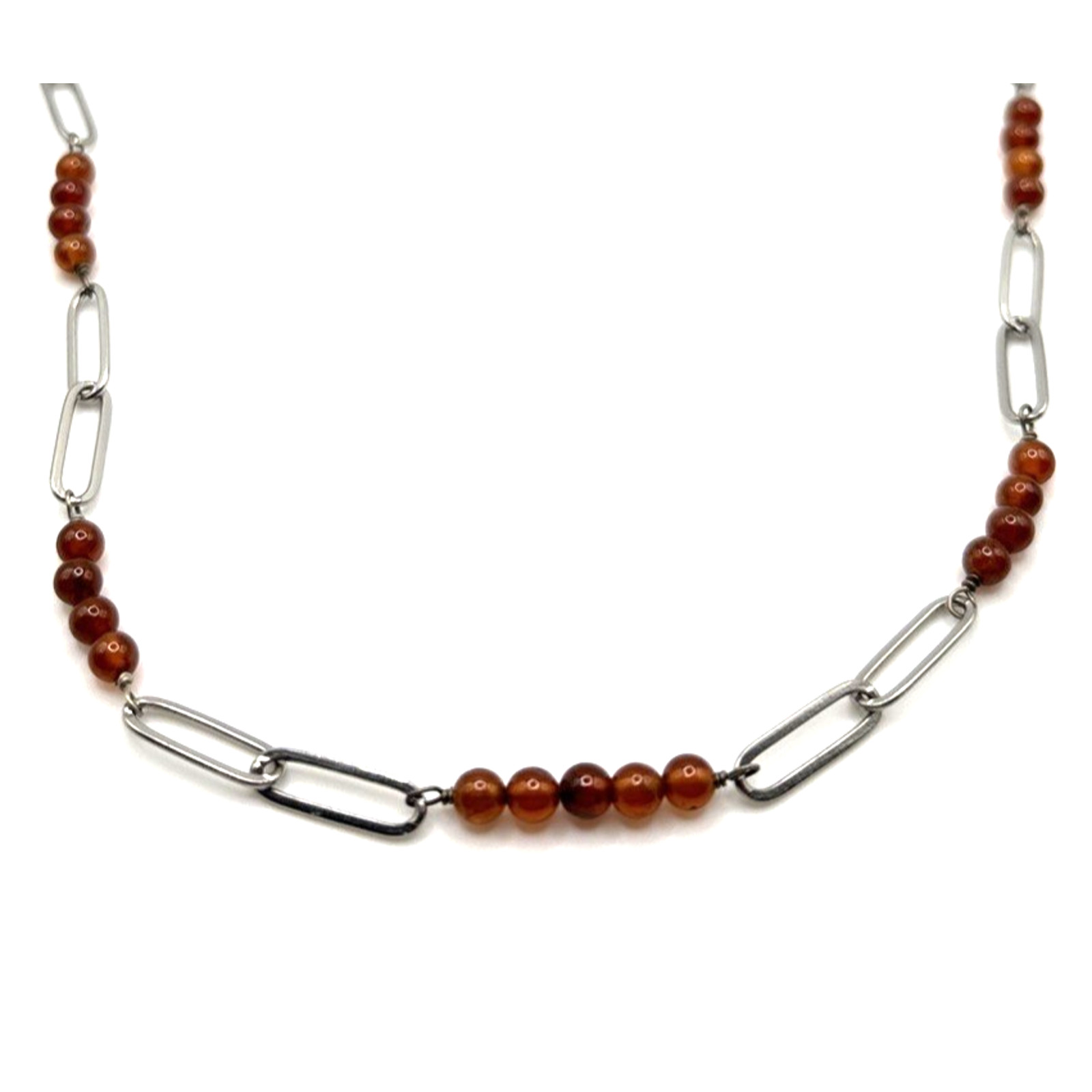 Hessonite Garnet Beaded Chain Necklace Stainless Steel 20” India Approx.4mm