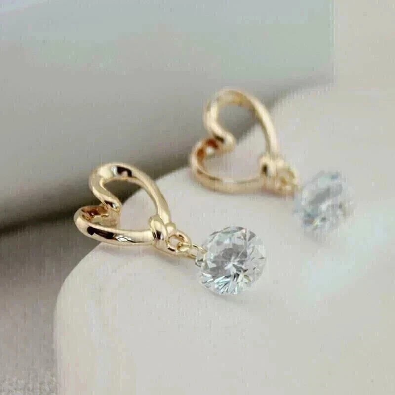Round Cut Simulated Diamond Drop Heart Shape Earrings In 14K Yellow Gold Plated