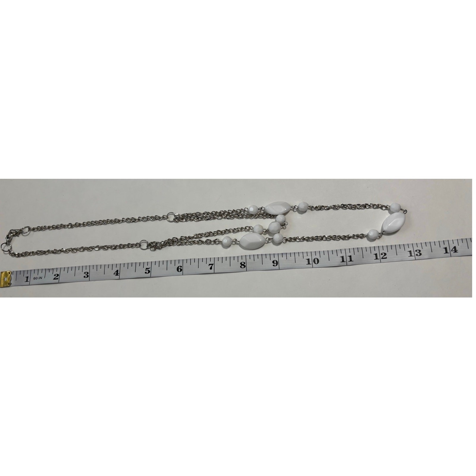 Women’s Silver Tone Chain White Beaded Layered Necklace Timeless Classic BOHO