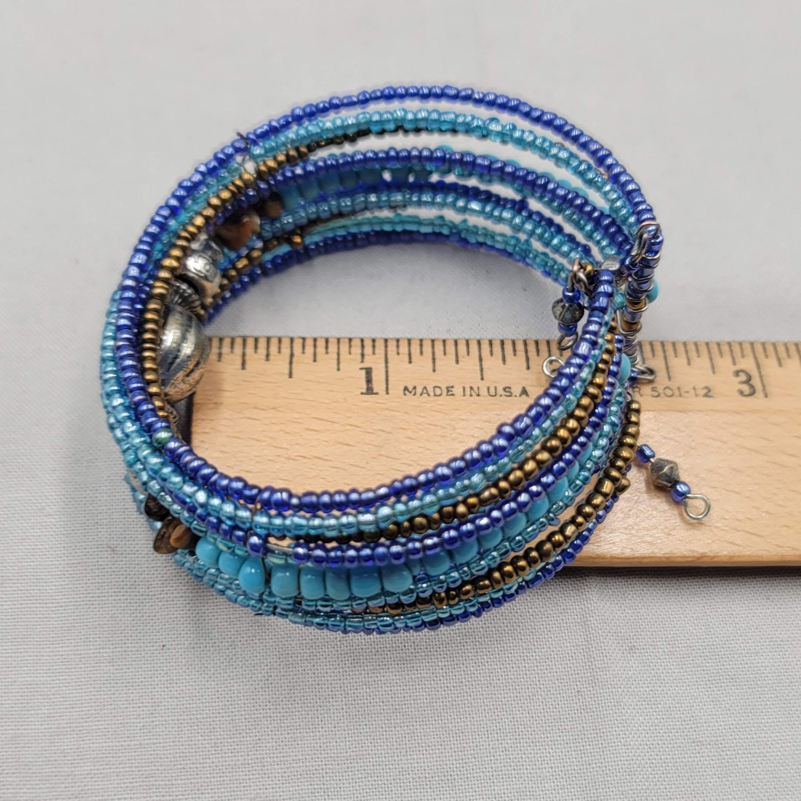 Blue Seed Bead Cuff Bracelet Silver tone Brown Stone Beads 7″ adj