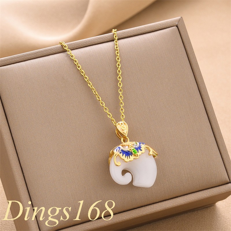 Real 18K Yellow Gold Filled Cable Chain Necklace w/ White Jade Elephant Pendant