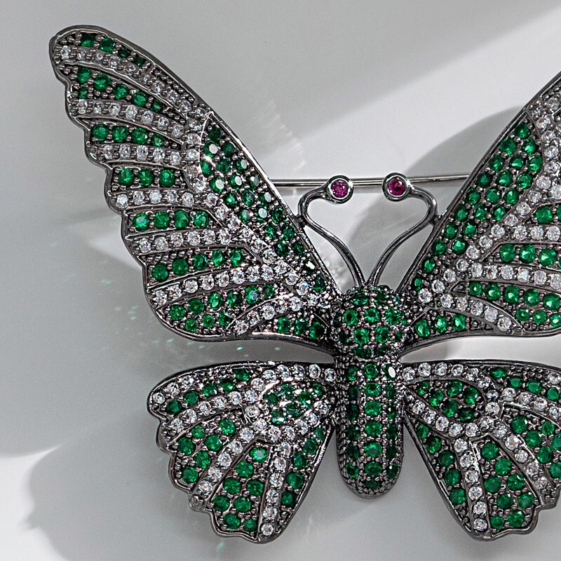 3.00Ct Round Cut Lab Created Emerald Butterfly Brooch Pin 14K White Gold Plated