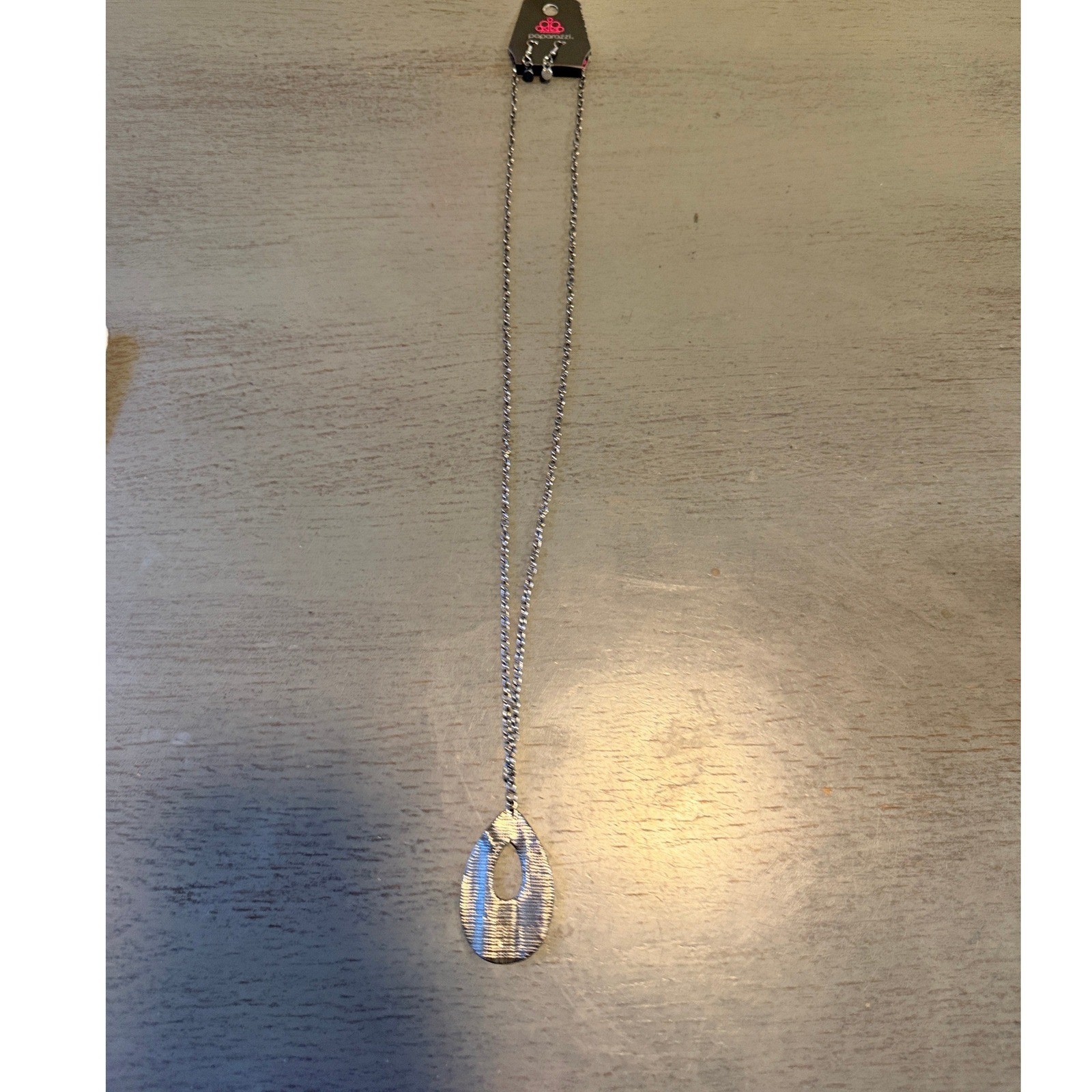 Paparazzi Gunmetal Textured Teardrop Pendant Necklace and Earring Set Long Chain