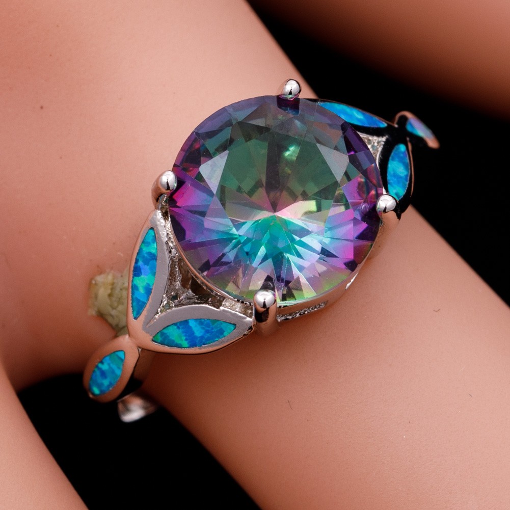 10mm Round Rainbow Mystic Topaz Blue Fire Opal Silver Jewelry Ring Size 7 8 9 10
