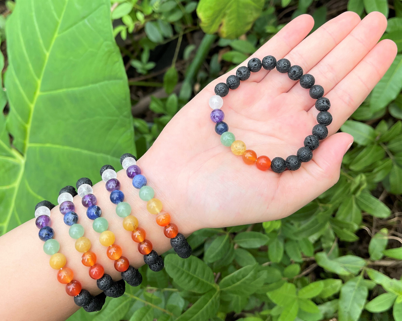 7 Chakra Lava Rock Bead Bracelet: 8 mm Round Crystals (Chakra Stretch Bracelet)