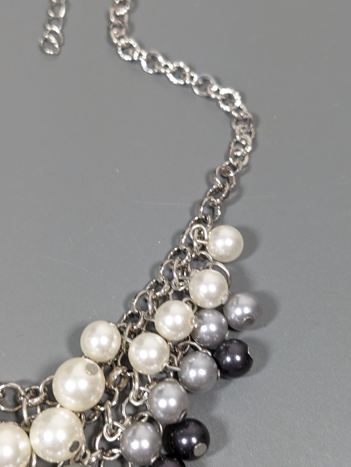 Silver Tone White Gray Faux Pearl Charm Bib Statement Necklace 19 inch Ombre