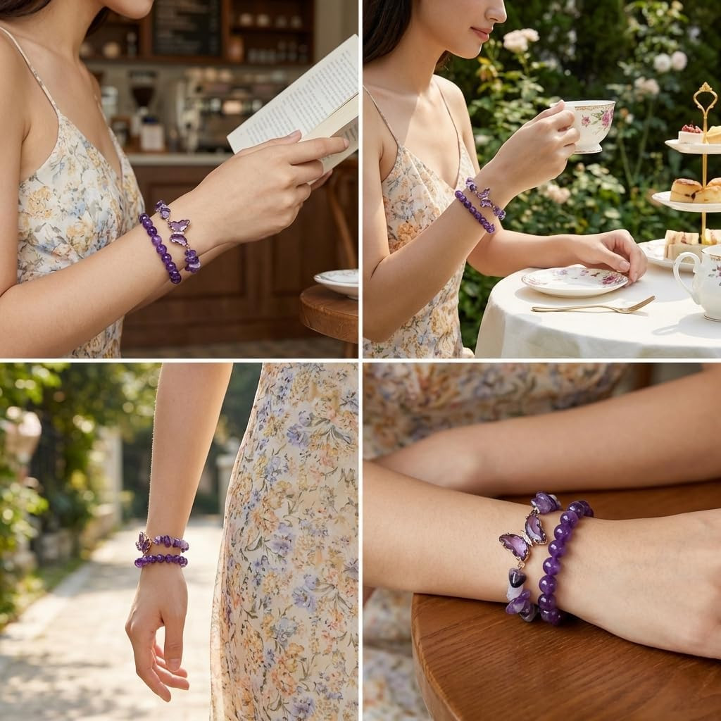 Natural Amethyst Healing Stone Bracelet Set for Women, Anxiety Relief Nature Sto