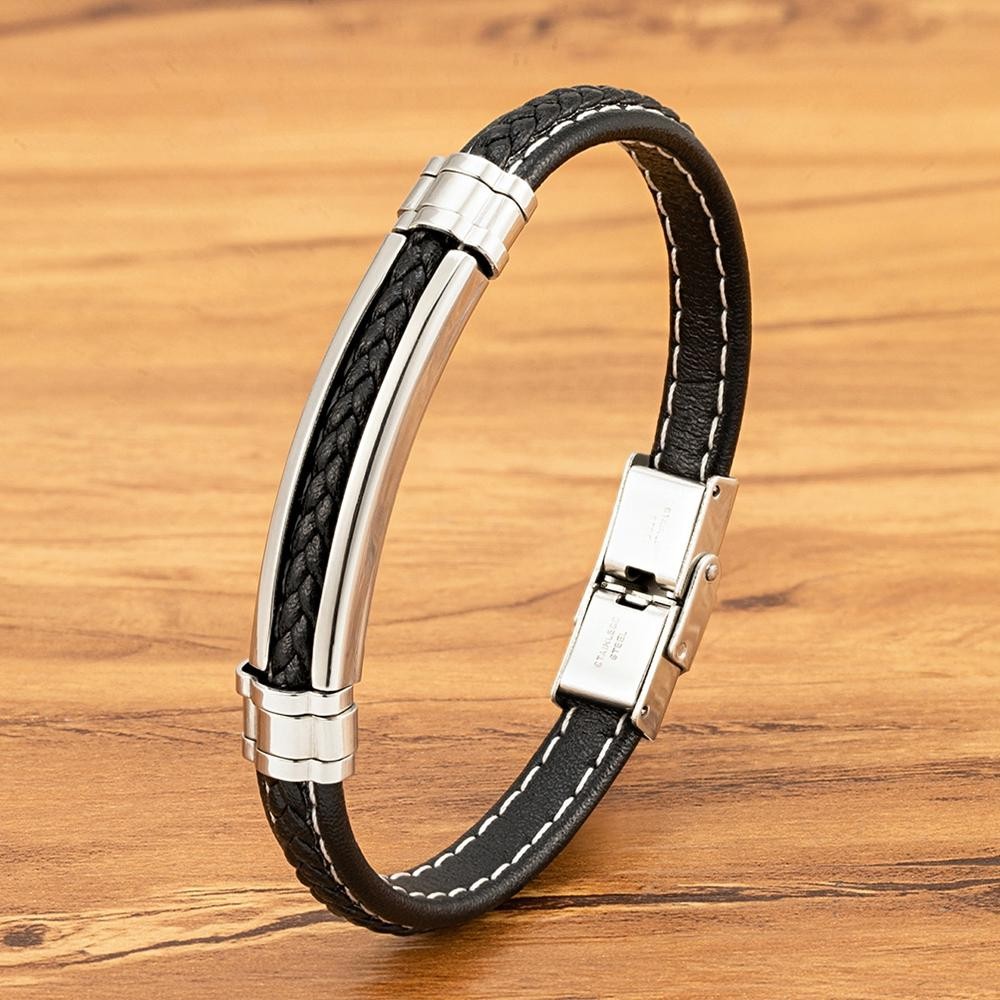 Men’s Woven Leather Stainless Steel Buckle Bracelet Fashion Bangle Daily Wear