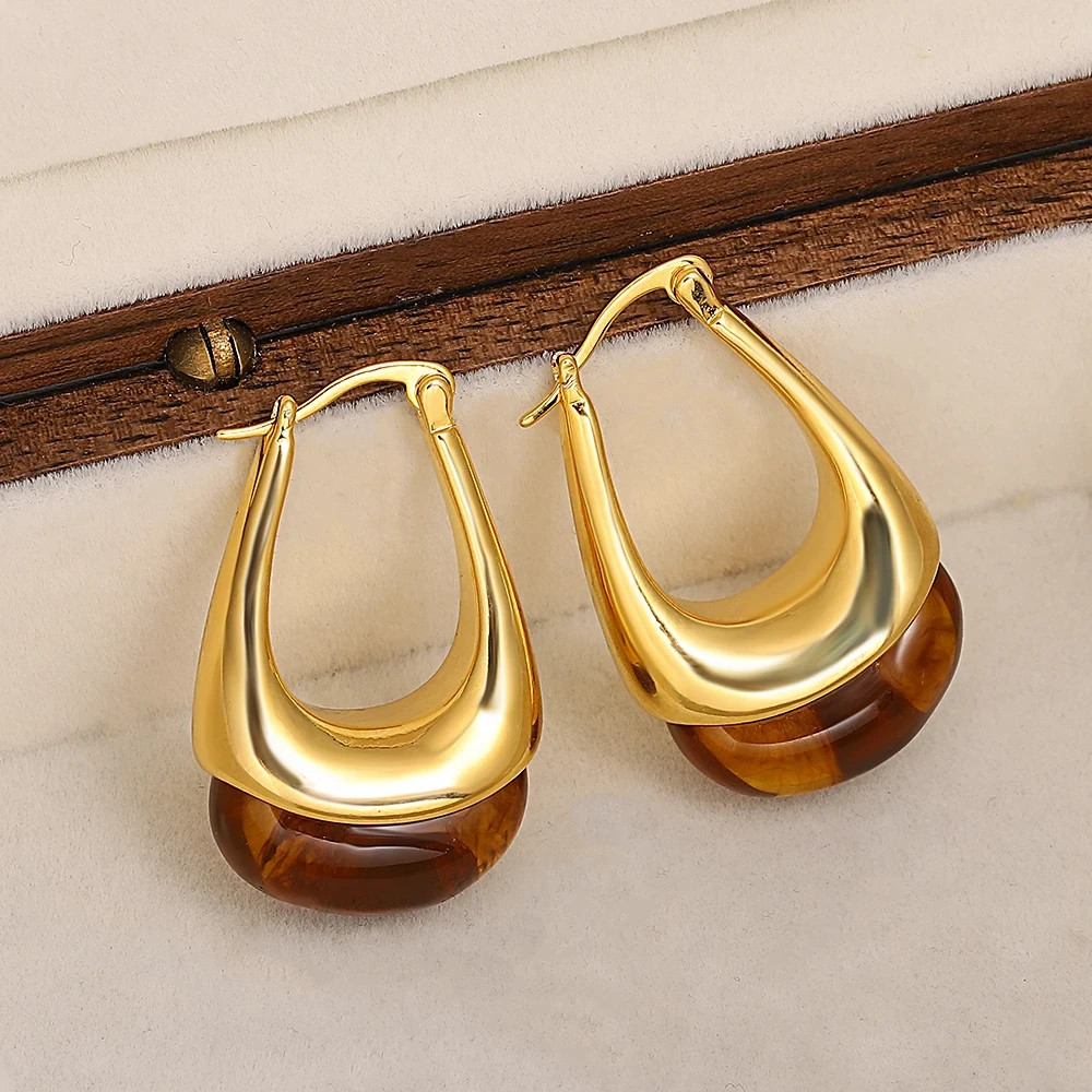 Confetti Amber Acrylic Resin Geometric Hoop Earrings NEW Gold Color
