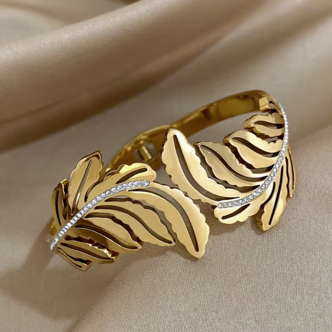 Luxury Double Leaf Bracelet with Sparkling Bands Gold Plated Stainless