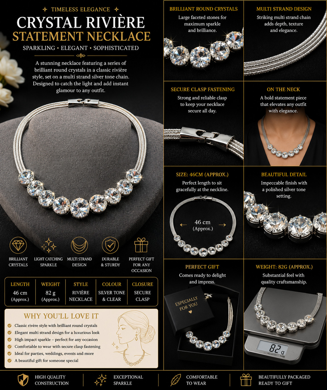 Statement Crystal Rivière Necklace Silver Tone Multi Strand Chain Clear Round St