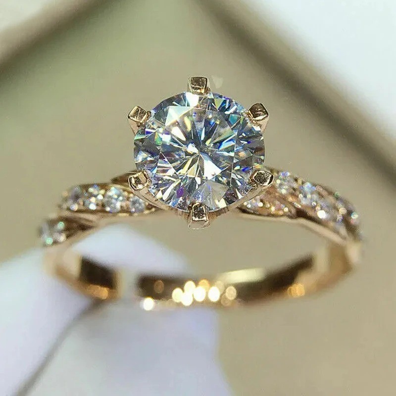 HUITAN 6 Claw CZ Ring Gold Engagement Wedding Band Women Luxury Jewelry Q179