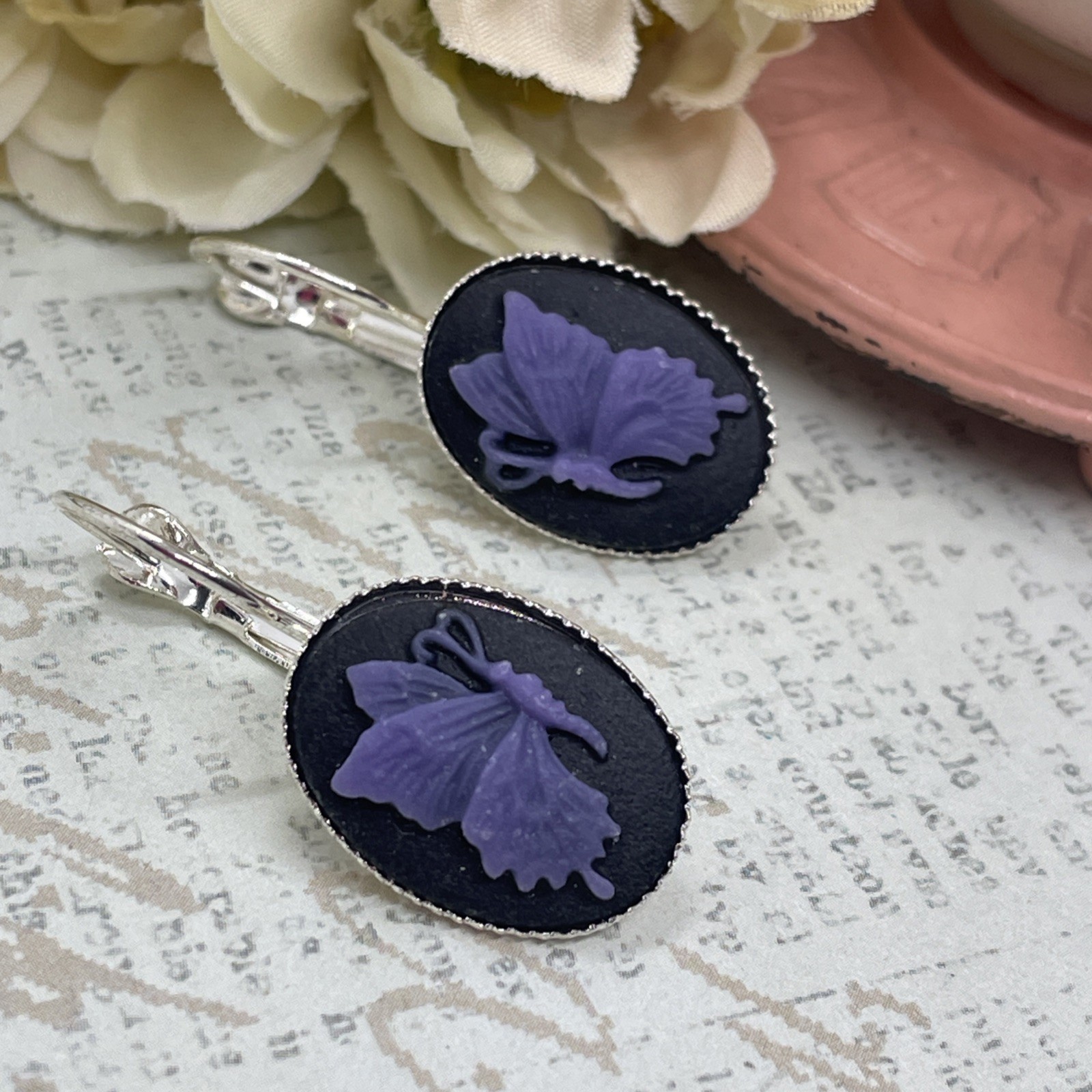 Black Purple Butterfly Gift Cameo Silver Boutique French Wire Earrings Wedding