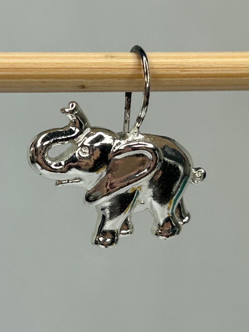 925 Elephant Earrings 0.75in Drop Silver Tone French Wire Detailed Trunk Up