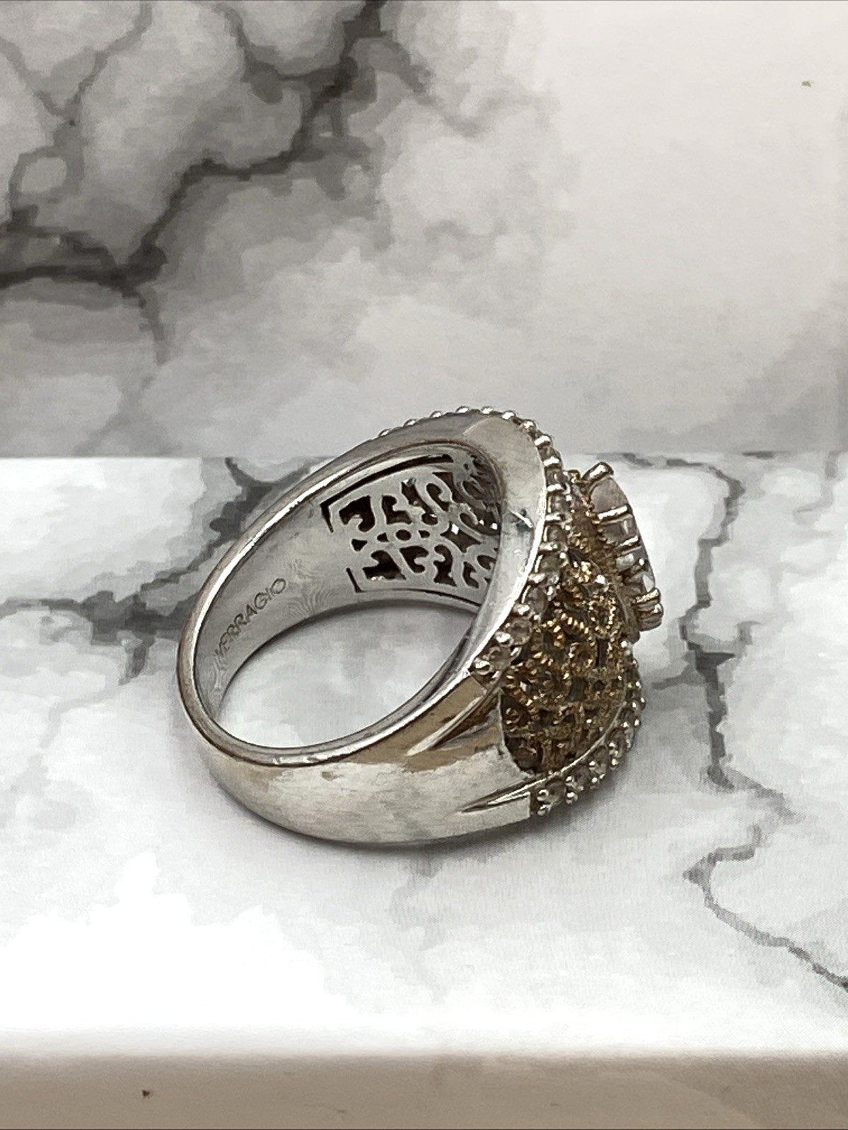 Verragio Womens 2 Tone Sterling 925 Marquise Filigree Cocktail Ring Size 8 /8.5g