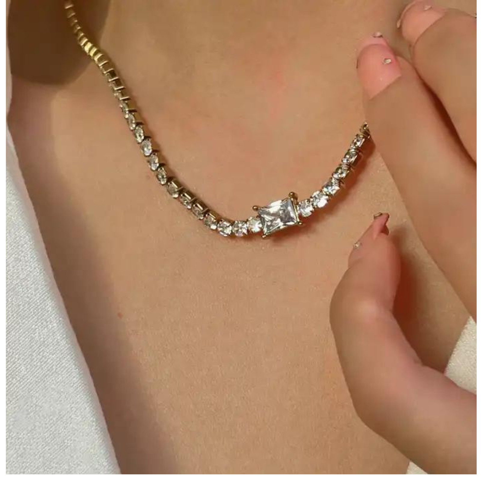 18K Gold plated brass Emerald CZ diamond Tennis chain choker necklace women