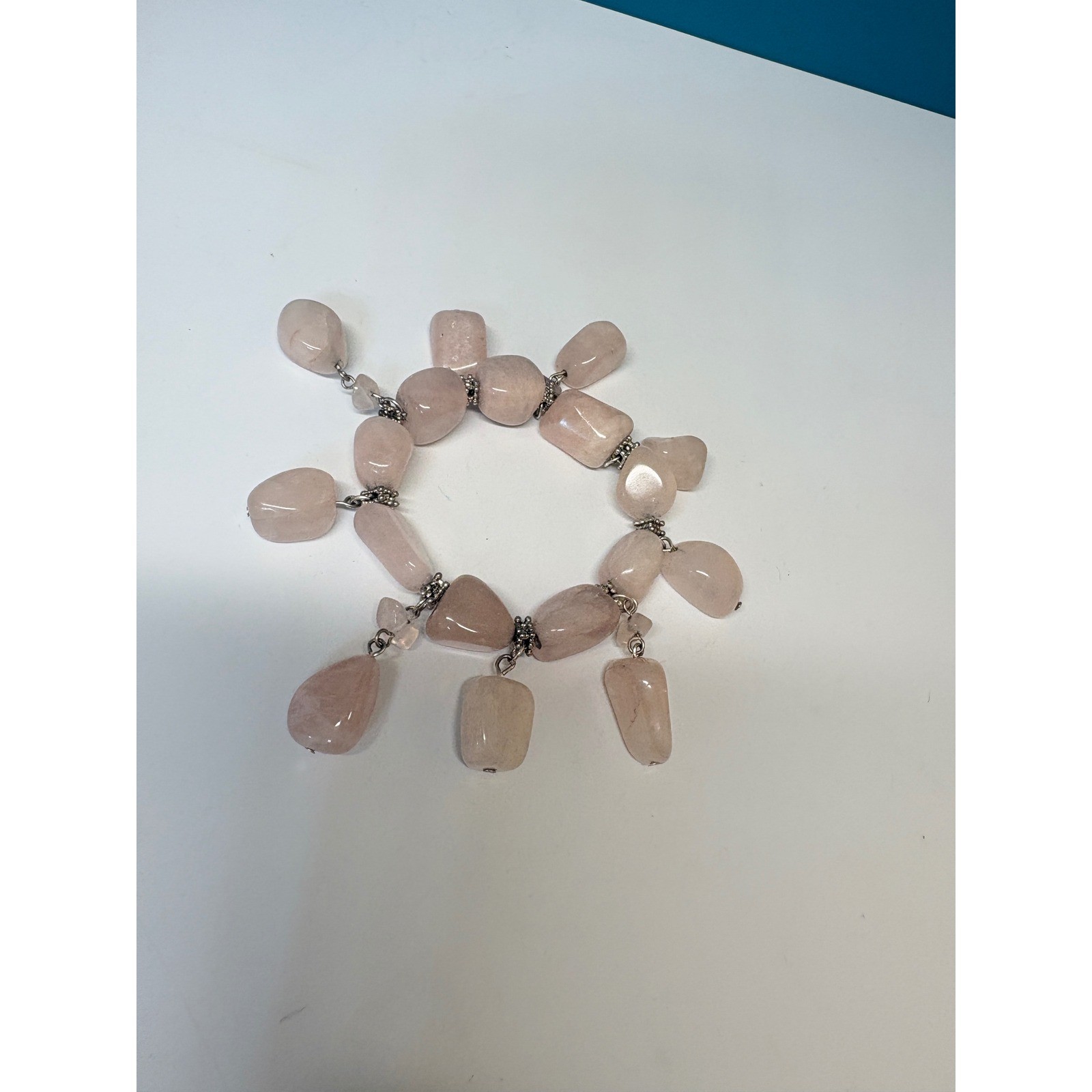 Rose Quartz Chunky Stretch Bracelet Tumbled Stone Dangle Charms Pink Boho 7.75″