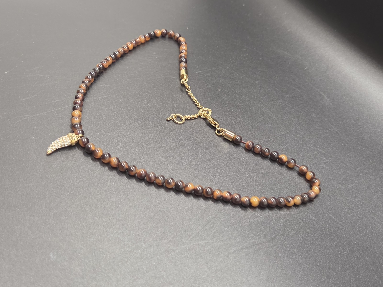 BaubleBar Tiger’s Eye Beaded Necklace Gold Tone Pavé Horn Crescent Pendant 18″