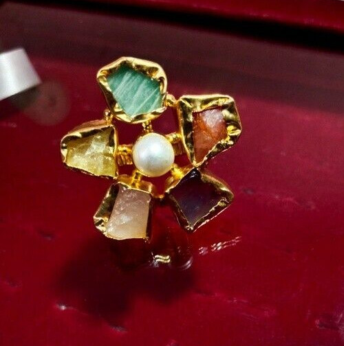 Natural Multi stone Handmade Adjustable Ring Gemstone Brass Ring Raw Ring.