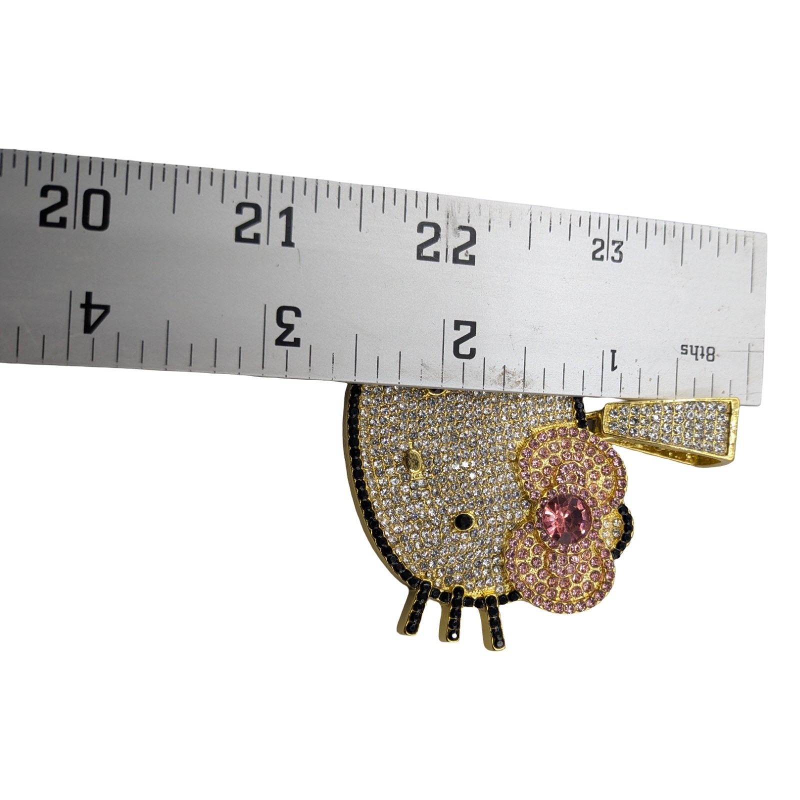 Hello Kitty Iced Out Rhinestone Pendant Gold Tone Pink Bow Hip Hop Charm